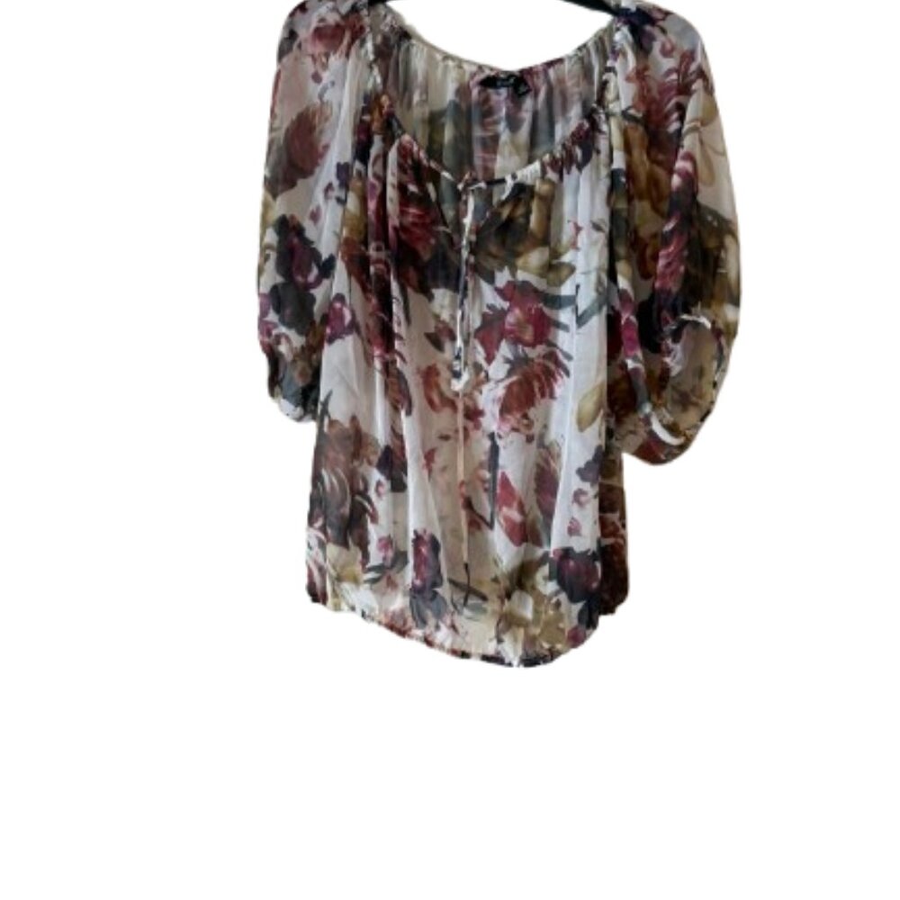 a.n.a Sheer Floral Elastic Waist & Sleeves - Balloon Sleeve Blouse - Medium